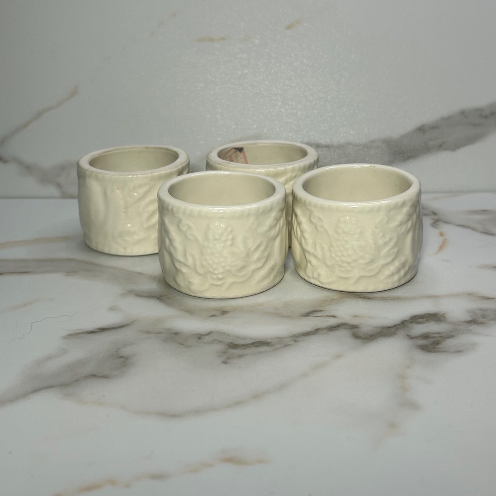 Vintage Audrey Ceramic Napkin Rings Set 4 Ivory Fruit Embossed Floral Taiwan
